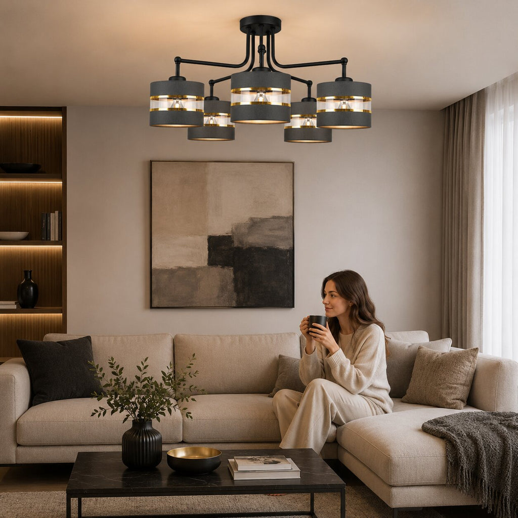 Andy lampa wisząca czarny 5x40W E27 abażur czarny+złoty