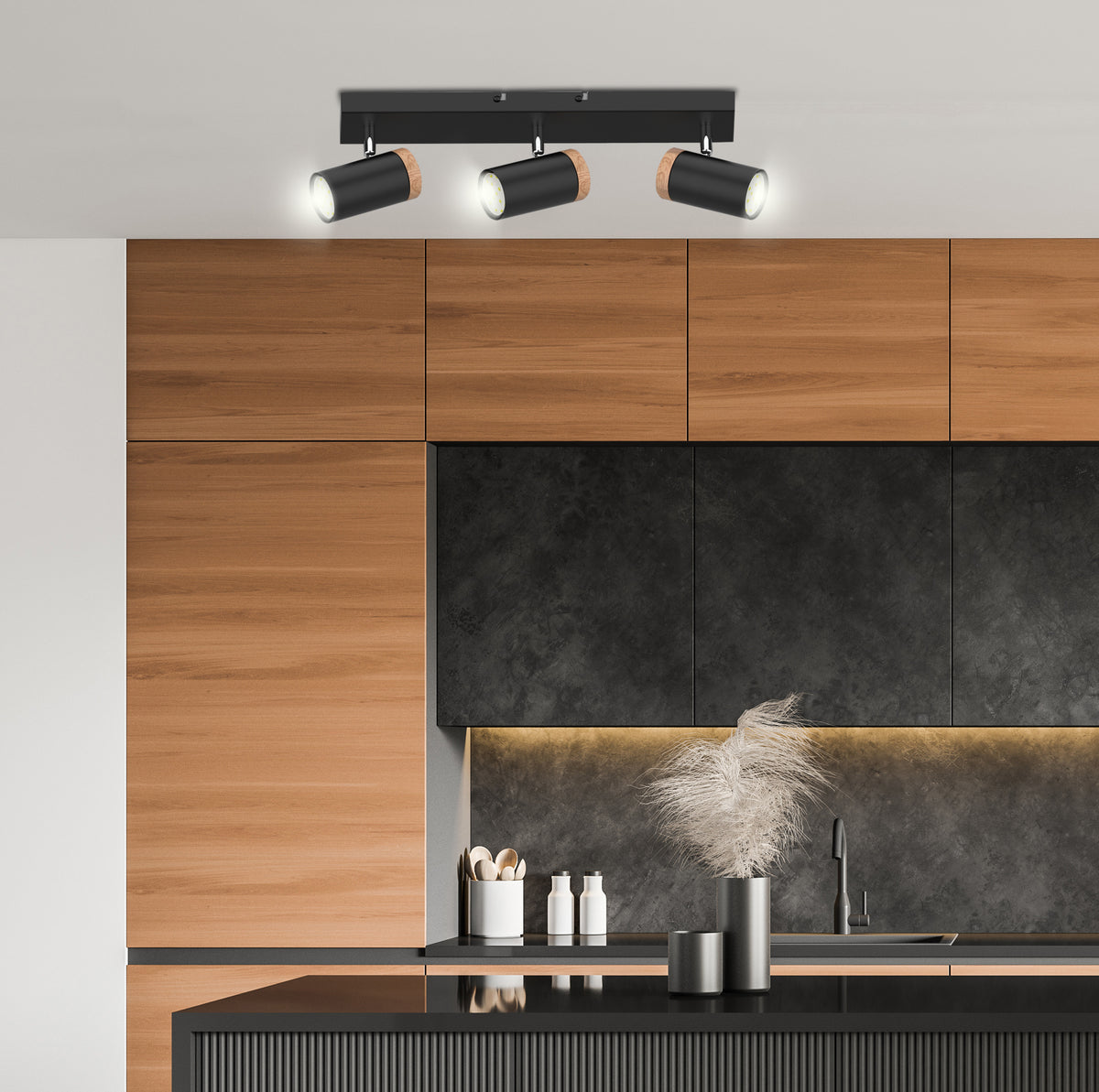 LAGOS lampa sufitowa czarny 3x15W GU10 klosz czarny+drewniany