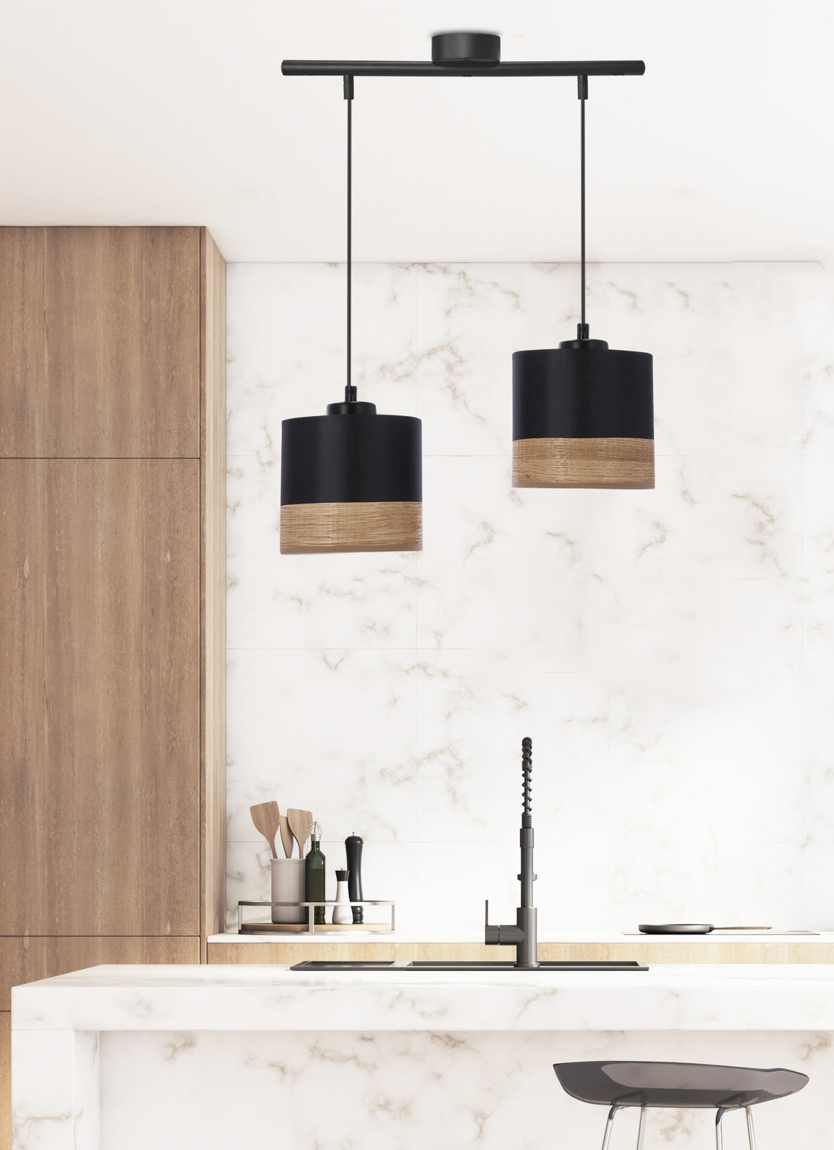 Porto lampa wisząca czarny 2x60W E27 abażur czarny+brązowy