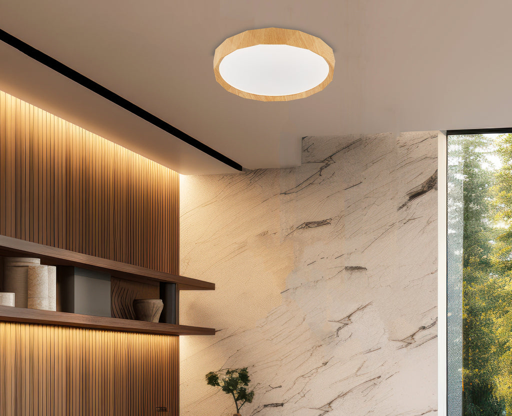 CADIX lampa sufitowa plafon biały+drewniany 24W LED 38,5 cm klosz biały
