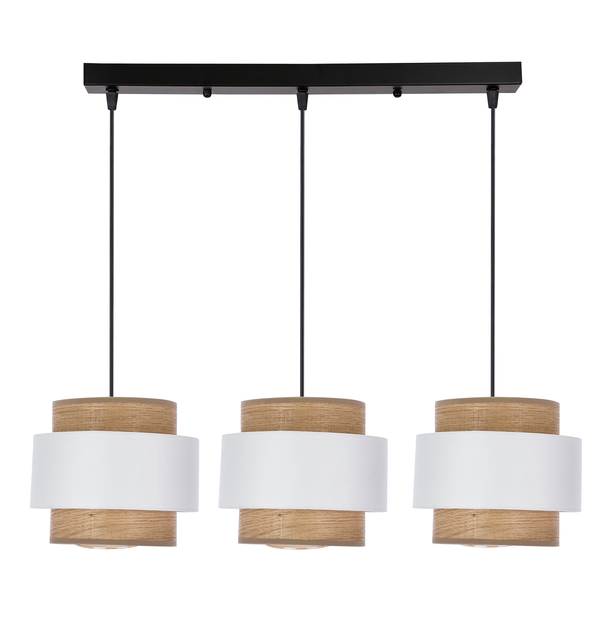Lampa wisząca Forni 3xE27 40W czarna, abażury biały i orzechowy nowoczesna do salonu, jadalni, kuchni, metalowa, tkaninowa