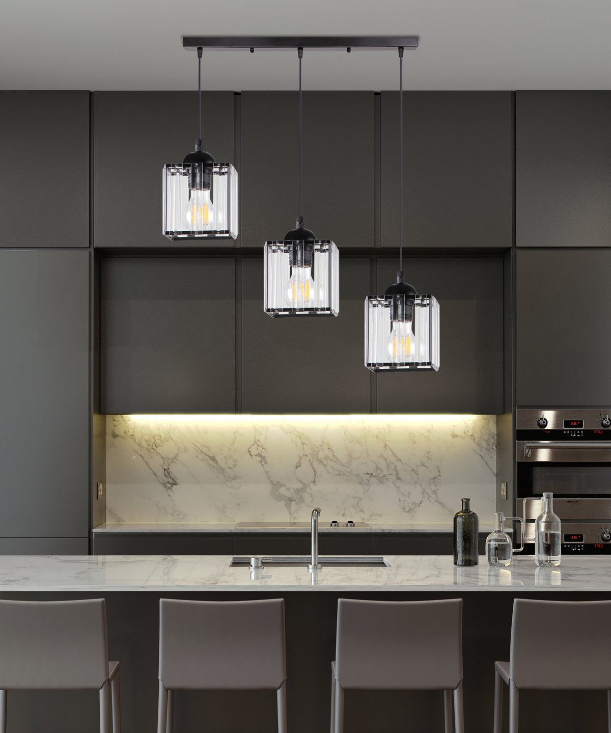 GLASSIA lampa wisząca czarny 3x40 E27 klosz czarny+kryształy bezbarwne