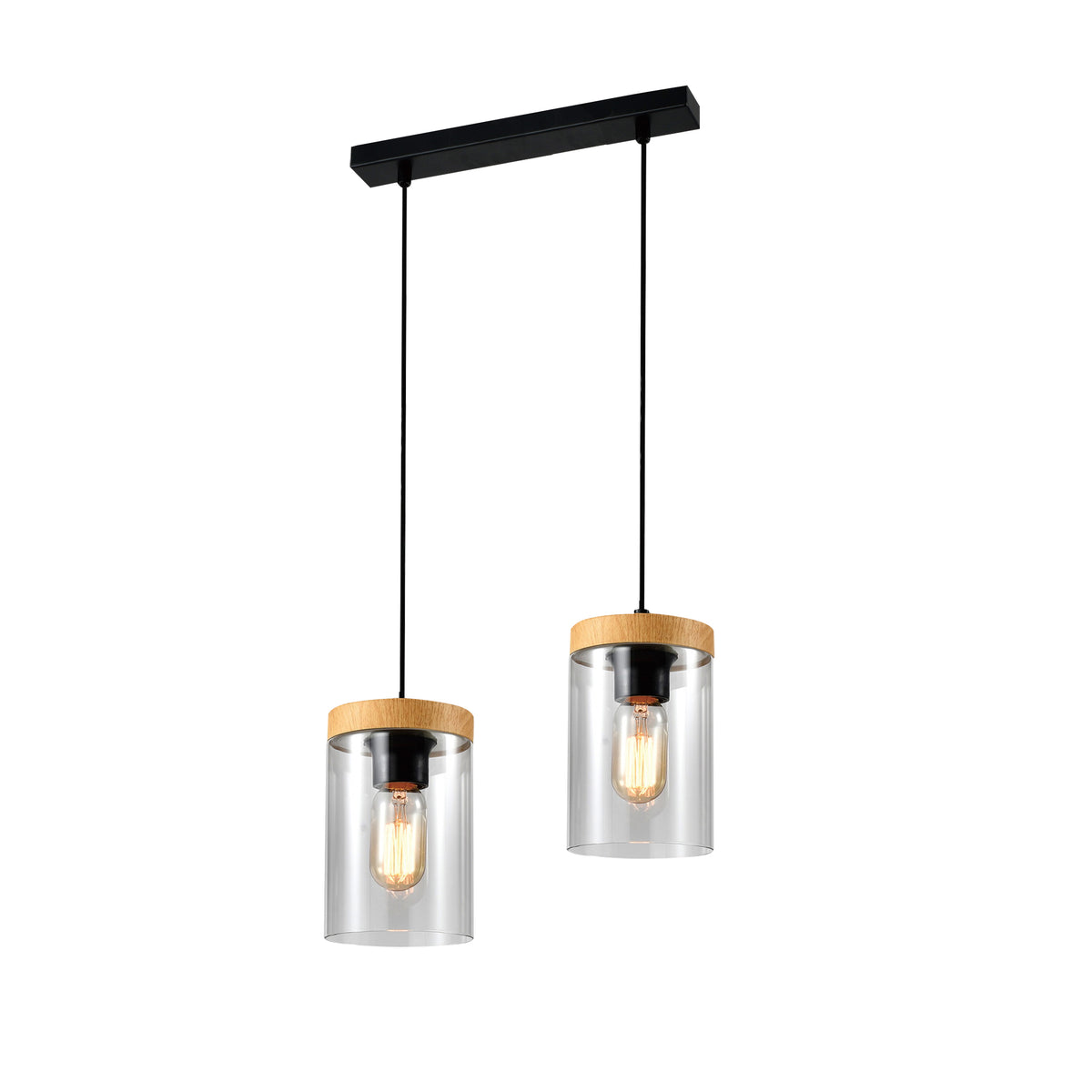 WELS lampa wisząca czarny+drewniany 2x40 E27 klosz dymiony