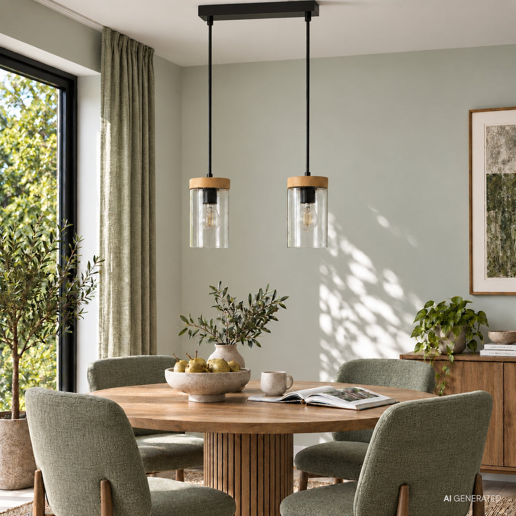 WELS lampa wisząca czarny+drewniany 2x40 E27 klosz dymiony