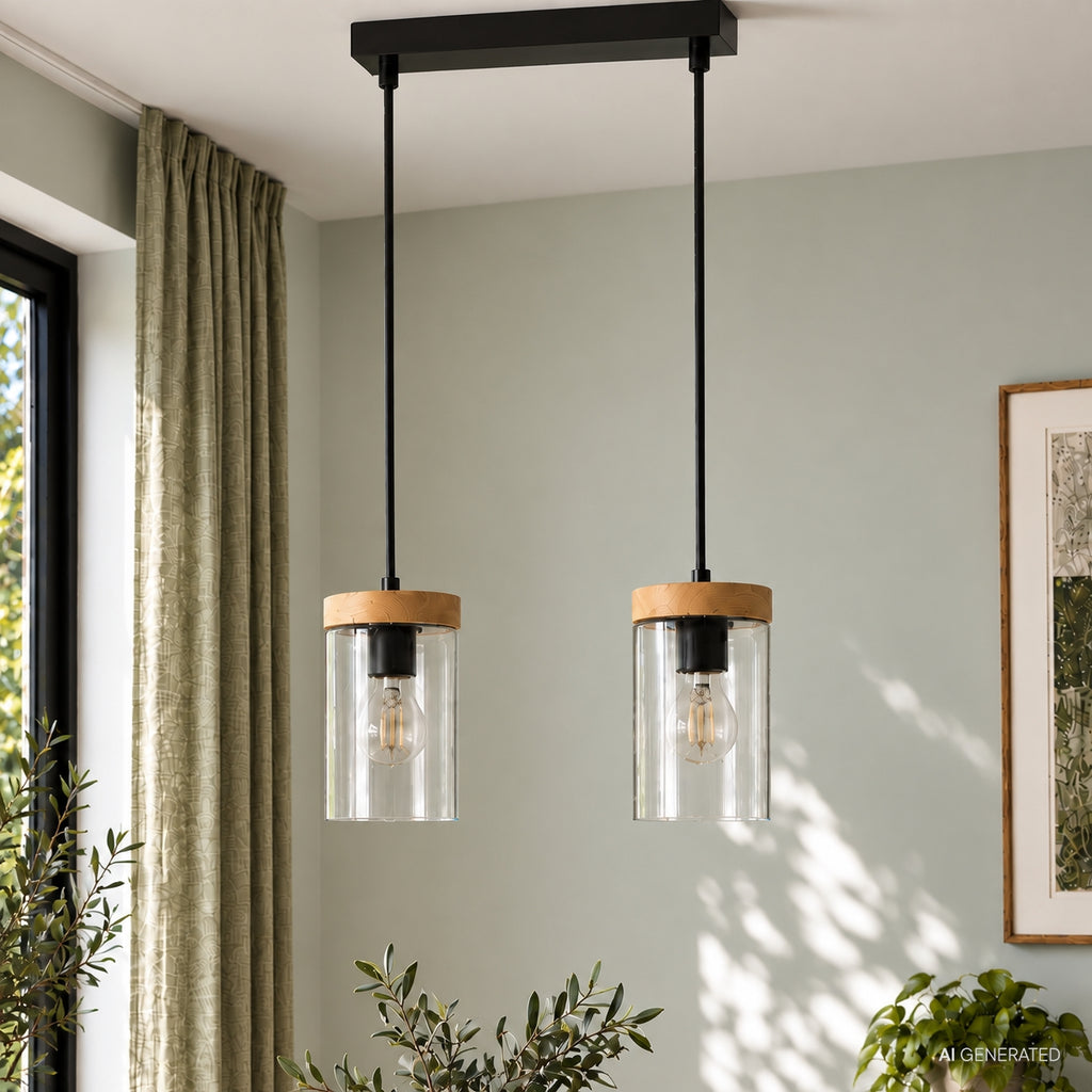 WELS lampa wisząca czarny+drewniany 2x40 E27 klosz dymiony