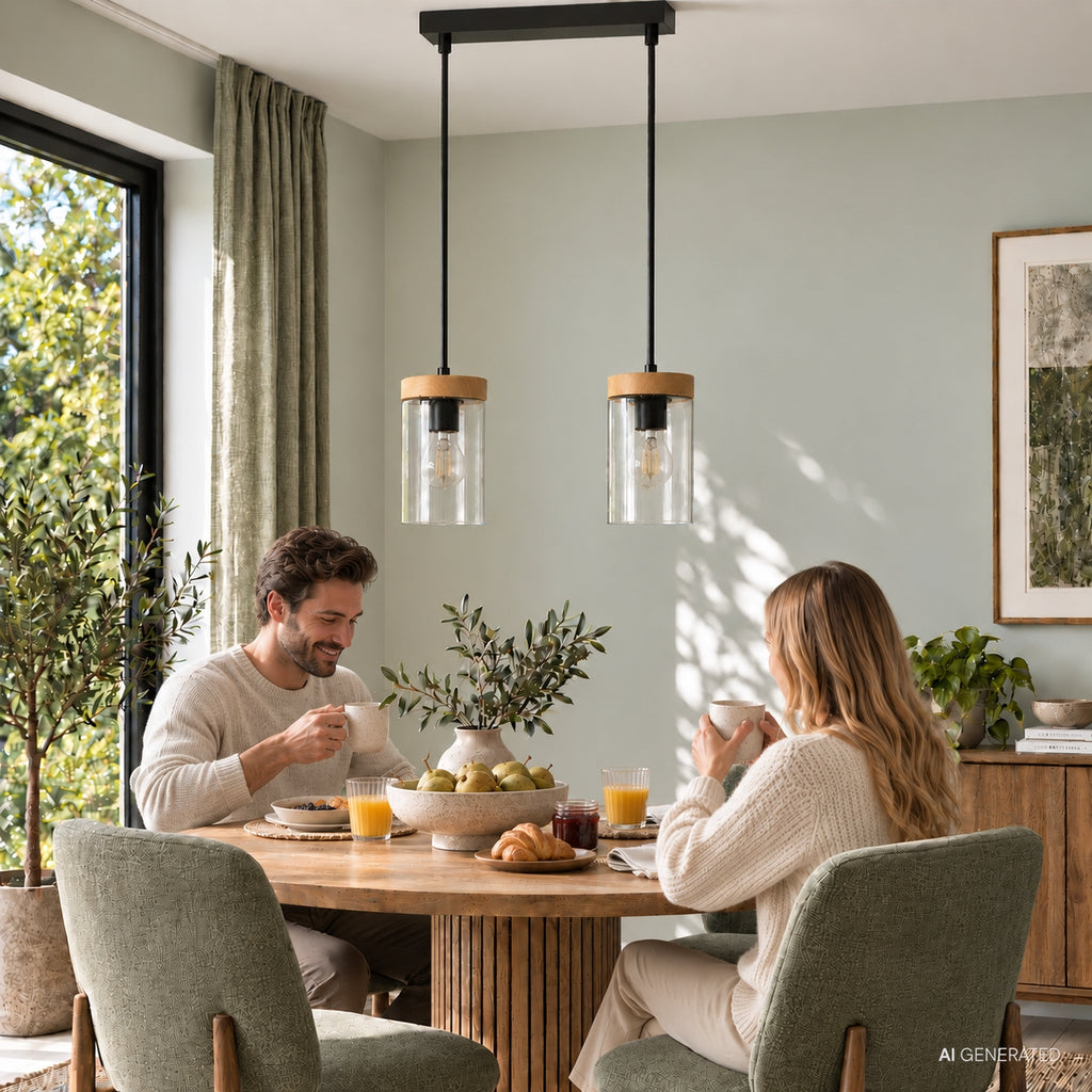 WELS lampa wisząca czarny+drewniany 2x40 E27 klosz dymiony