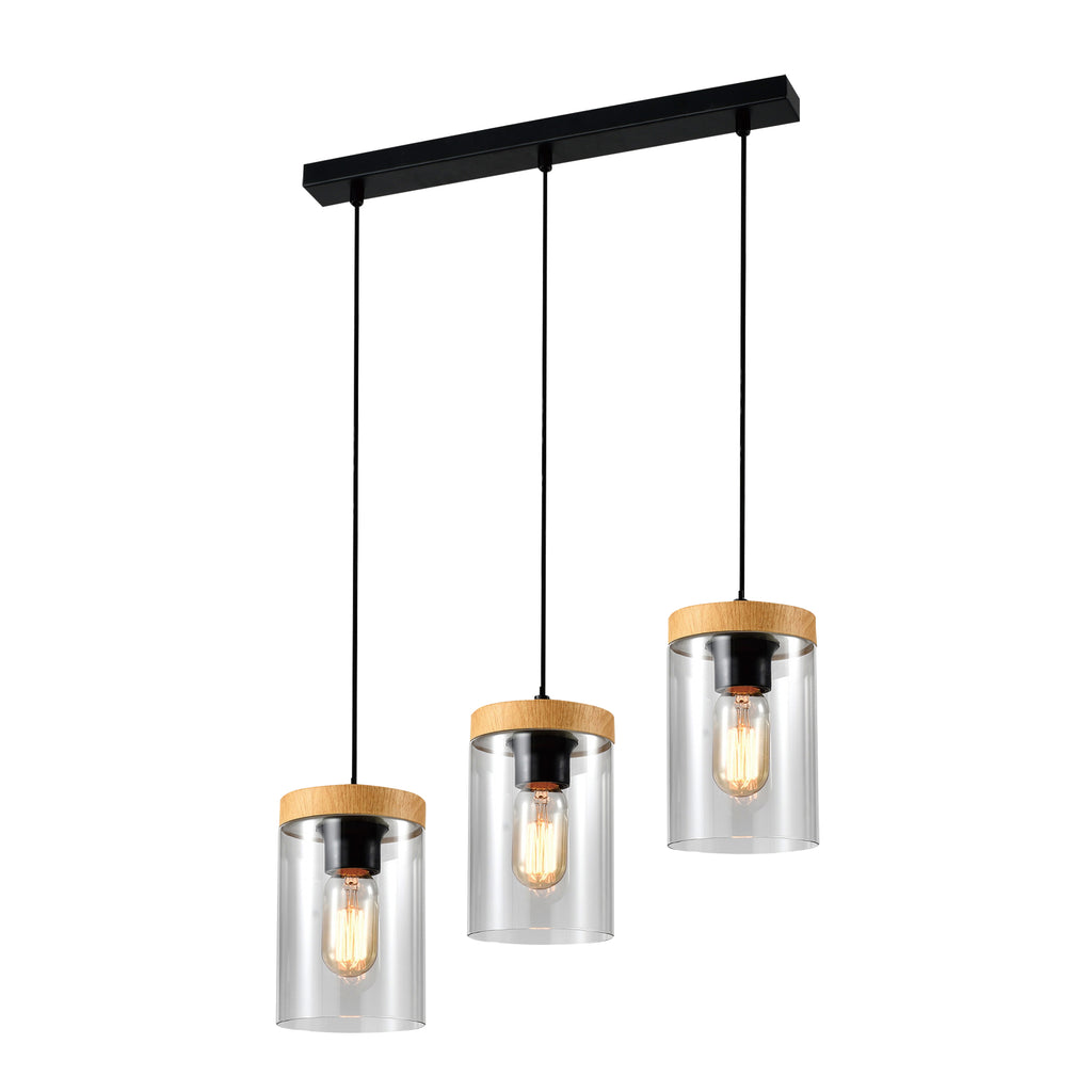 WELS lampa wisząca czarny+drewniany 3x40 E27 klosz dymiony