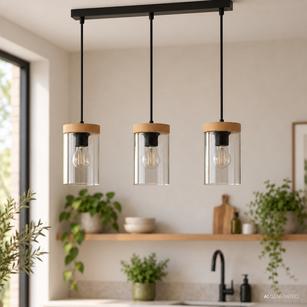 WELS lampa wisząca czarny+drewniany 3x40 E27 klosz dymiony