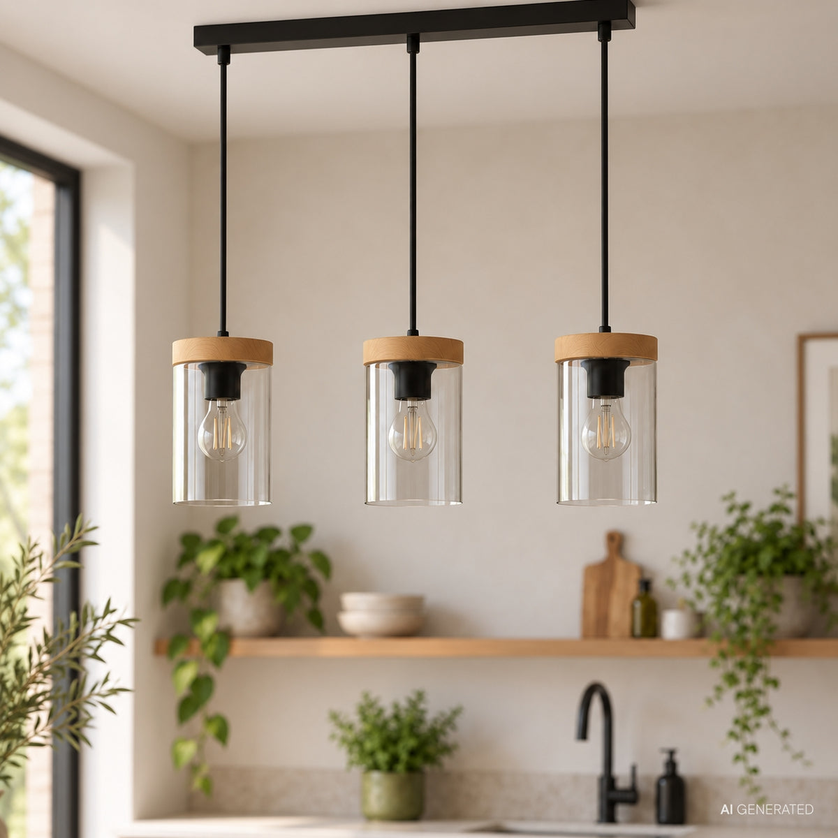 WELS lampa wisząca czarny+drewniany 3x40 E27 klosz dymiony