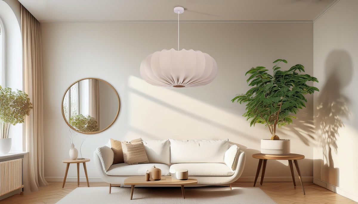 Lampa wisząca CAFEE’ skandynawska z abażurem beżowym frappe 66 cm - nowoczesne oświetlenie sufitowe do salonu i jadalni E27