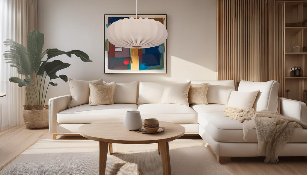 Lampa wisząca CAFEE’ skandynawska z abażurem beżowym frappe 66 cm - nowoczesne oświetlenie sufitowe do salonu i jadalni E27