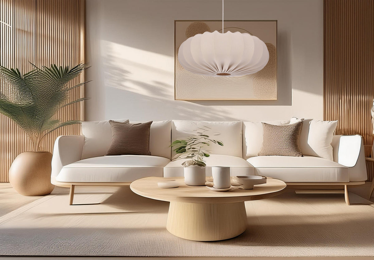 Lampa wisząca CAFEE’ skandynawska z abażurem beżowym frappe 66 cm - nowoczesne oświetlenie sufitowe do salonu i jadalni E27