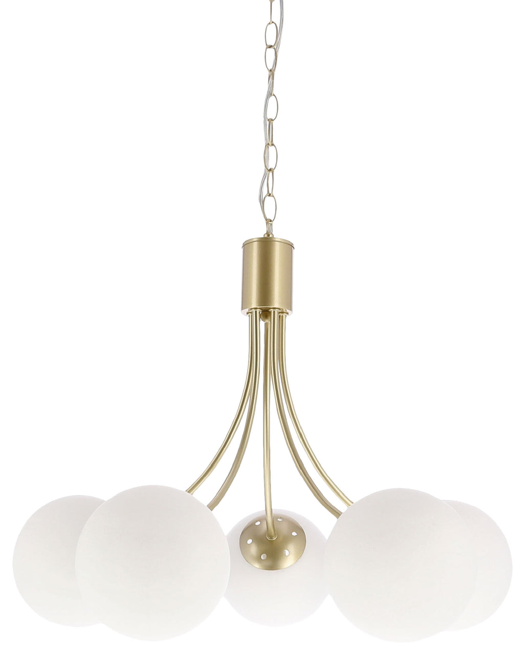 Lampa wisząca Dani 5x40W E14 mosiądz, biały klosz, elegancka oprawa sufitowa do salonu, styl klasyczny i nowoczesny, pięć punktów światła