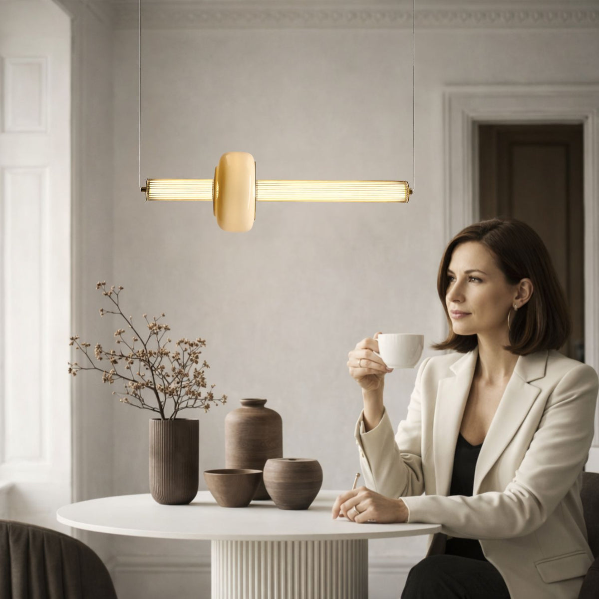 PURAS lampa wisząca pozioma mosiężny 15W LED 3000K klosz bezbarwny+biały