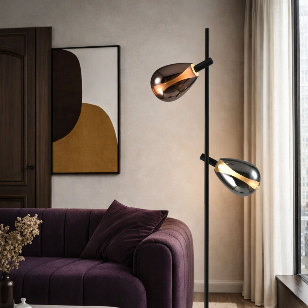 DENSO lampa podłogowa czarny 2x5W G9 klosz dymiony+miedziany