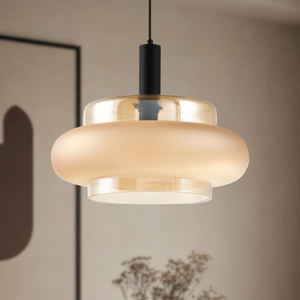 BRIZI lampa wisząca czarny 1x40W E27 klosz bursztynowy mrożony