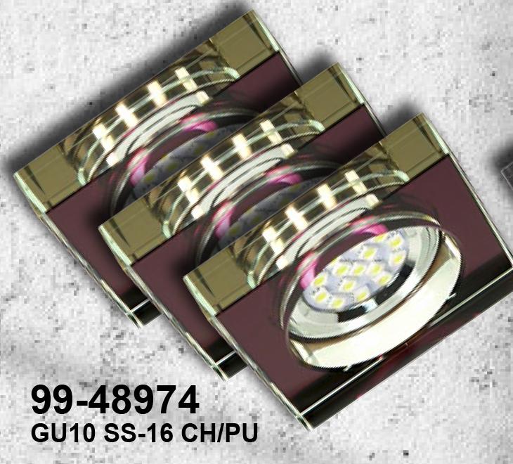 ZESTAW TRZECH OPRAW SS-16 CH/PU 3X3W GU10 LED Z ŻARÓWKĄ LED CHROM OPR. STROP. STAŁA KWADRATOWA SZKŁO FIOLETOWE