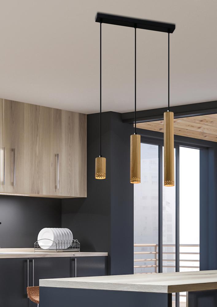 Tubo lampa wisząca czarny 3x25W GU10 klosz mix drewniany