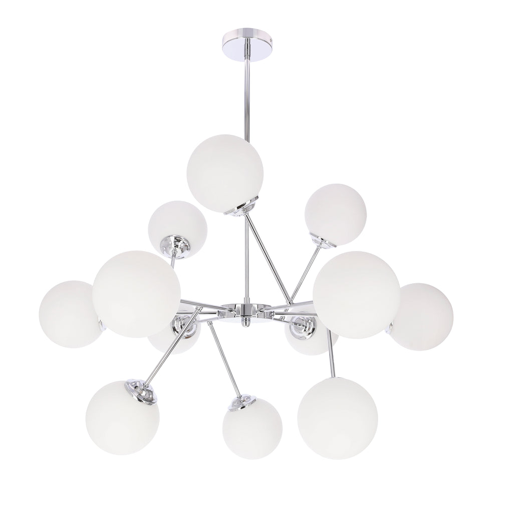 BELWEDER lampa wisząca sufitowa 12x40W E14 chromowana oprawa biały klosz żyrandol elegancki klasyczny glamour do salonu jadalni dużych wnętrz