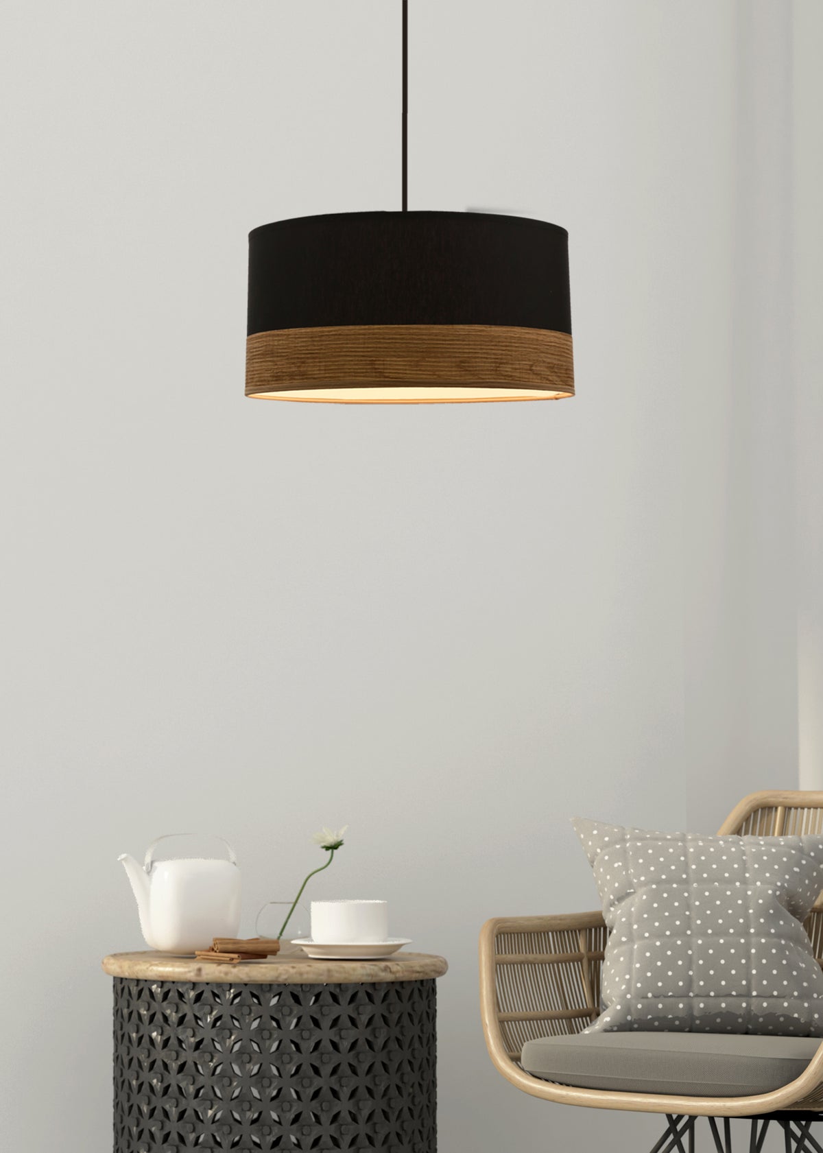 Porto lampa wisząca czarny 1x60W E27 abażur czarny+fornir
