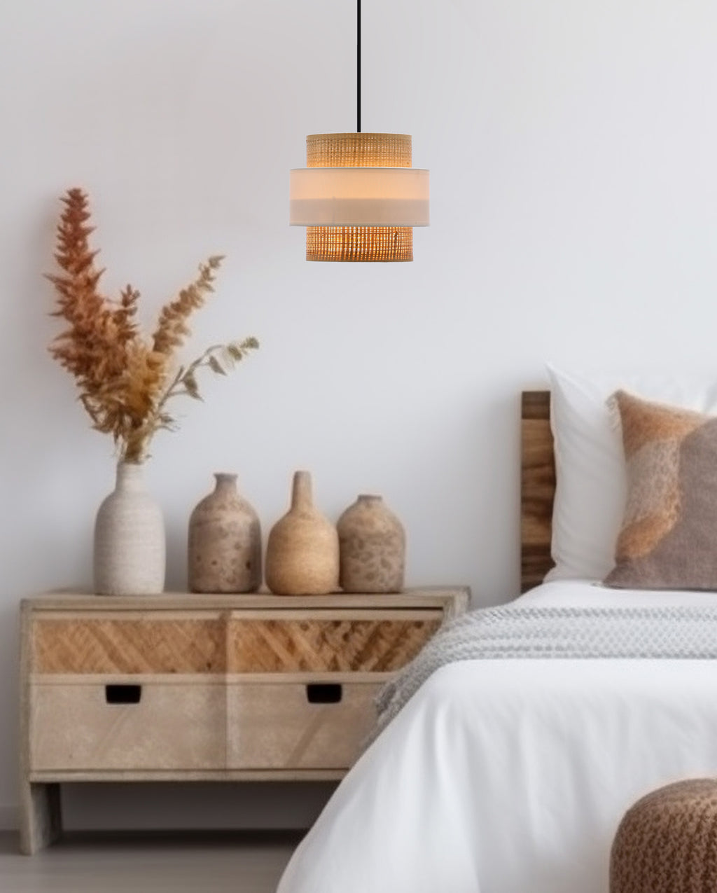 Rattan lampa wisząca czarny 1x40W E27 abażur biały+kremowy