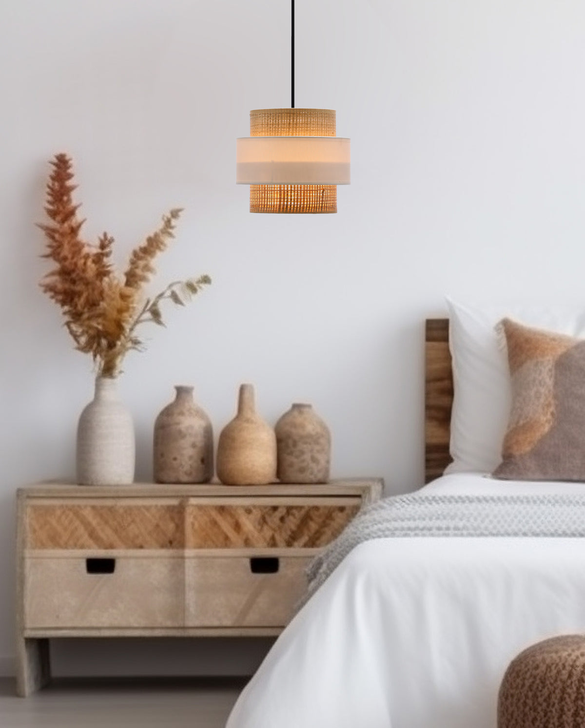 Rattan lampa wisząca czarny 1x40W E27 abażur biały+kremowy