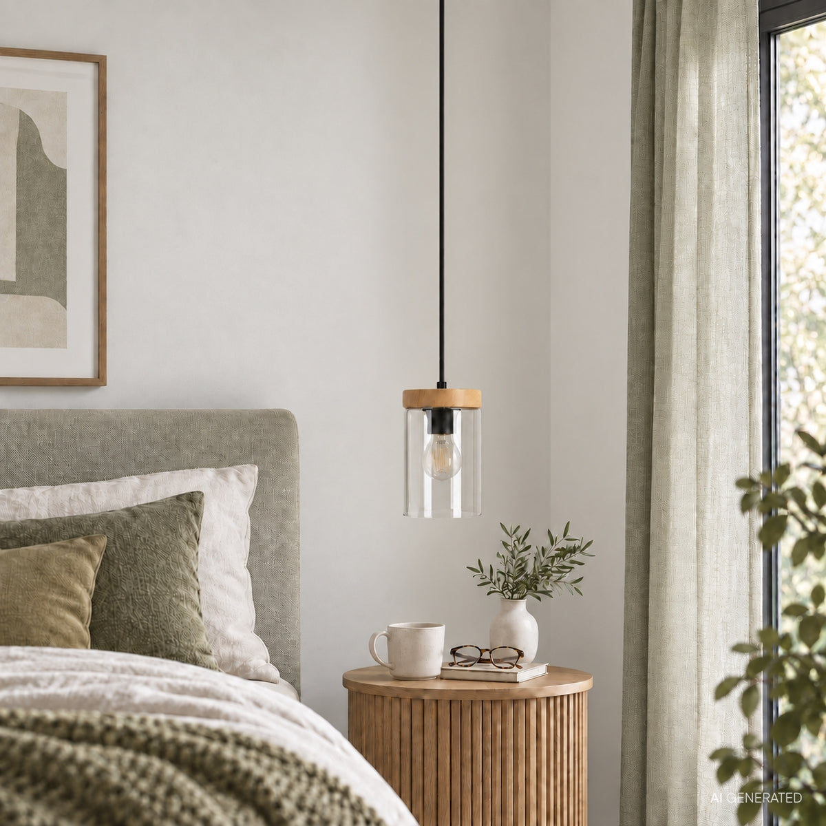 WELS lampa wisząca czarny+drewniany 1x40 E27 klosz dymiony