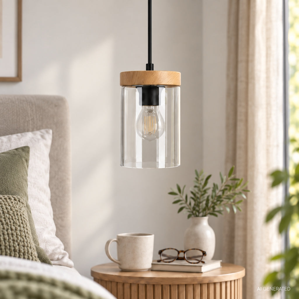 WELS lampa wisząca czarny+drewniany 1x40 E27 klosz dymiony