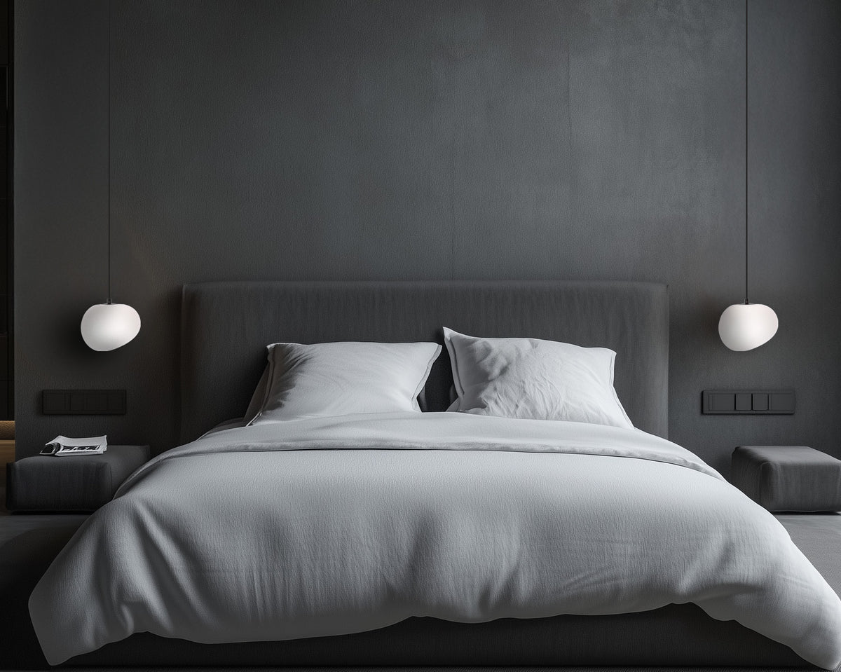 Lampa wisząca STONES 20 cm w stylu Japandi - z białym kloszem inspirowanym kamieniem - minimalistyczne oświetlenie sufitowe do salonu E27
