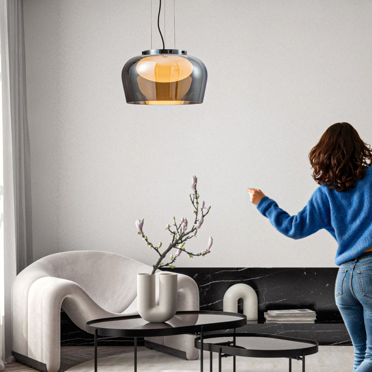 INSIEME 38 lampa wisząca czarny+chromowy 1x10W GX53 klosz dymiony+biały