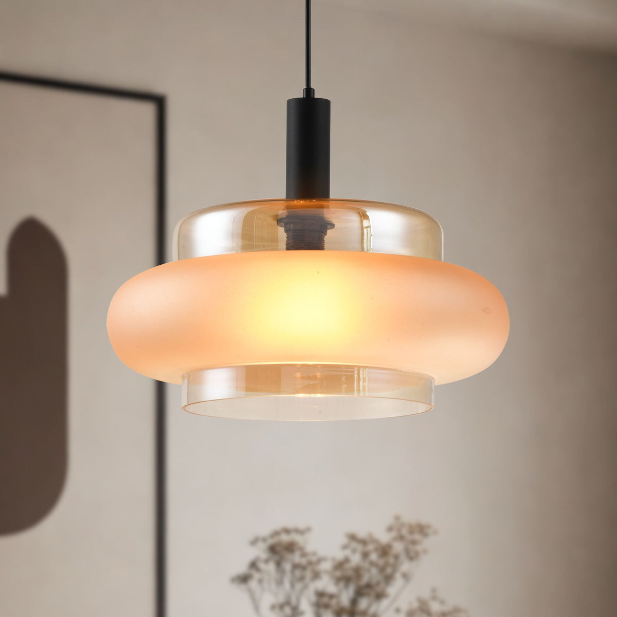 BRIZI lampa wisząca czarny 1x40W E27 klosz bursztynowy mrożony