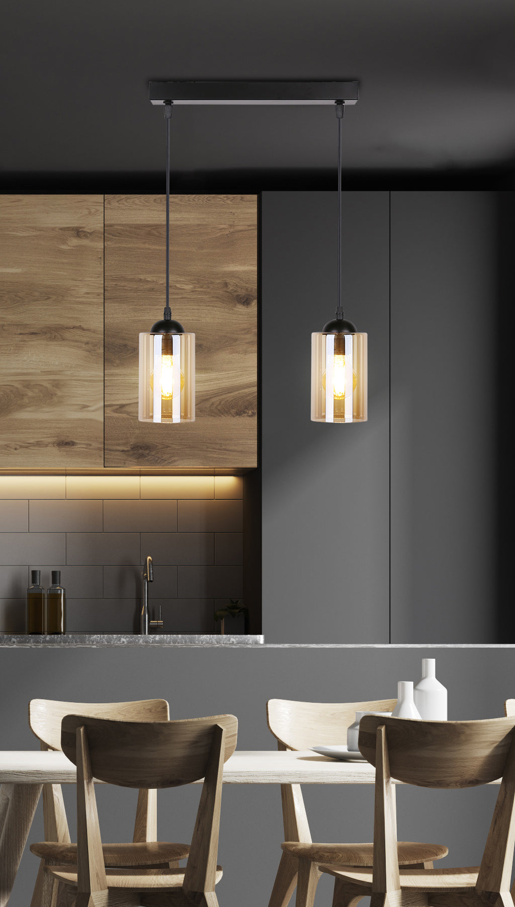 Bistro lampa wisząca czarny 2x40W E27 klosz brązowy