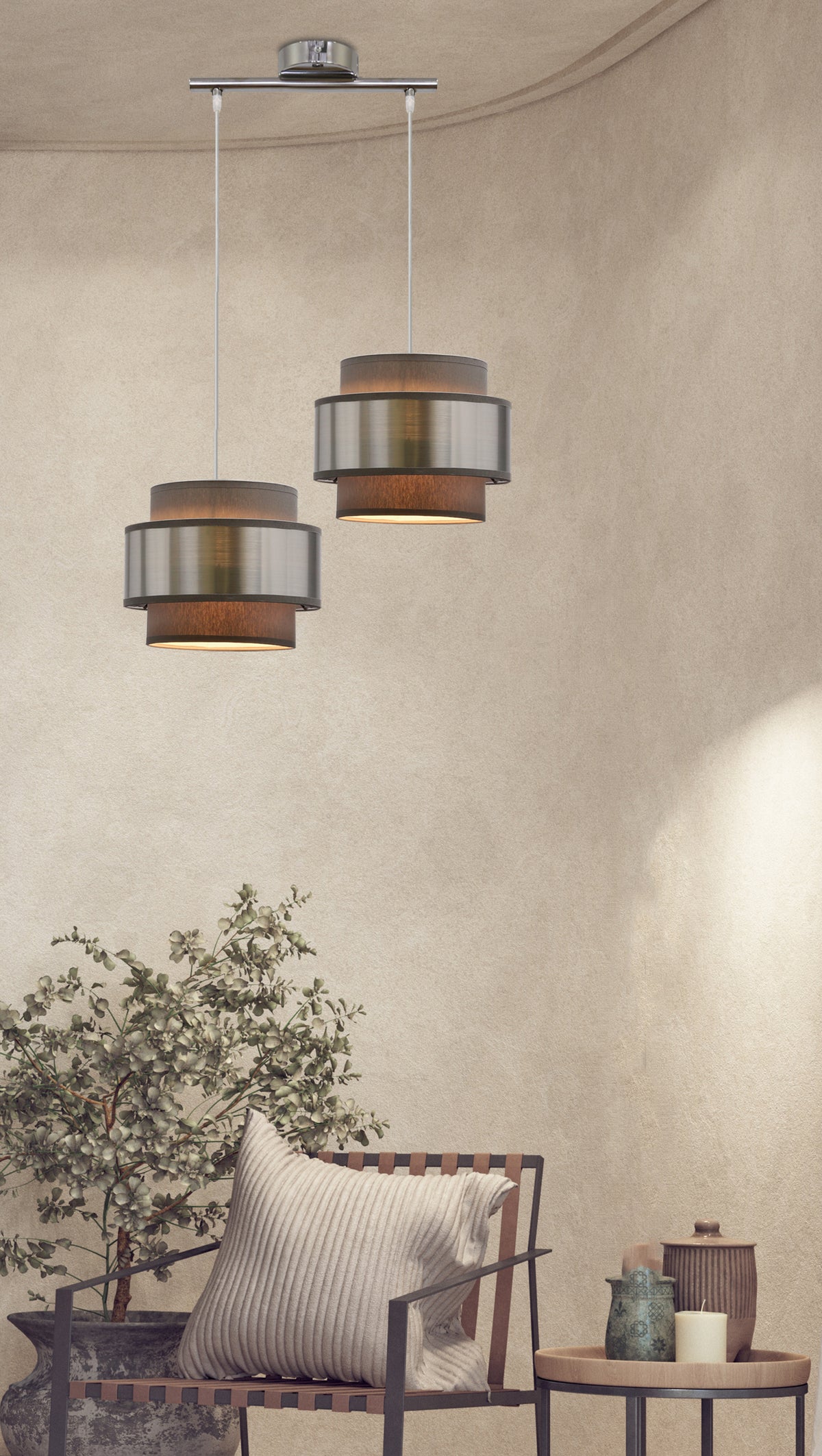 Hare lampa wisząca chromowy 2x60W E27 abażur szary+srebrny