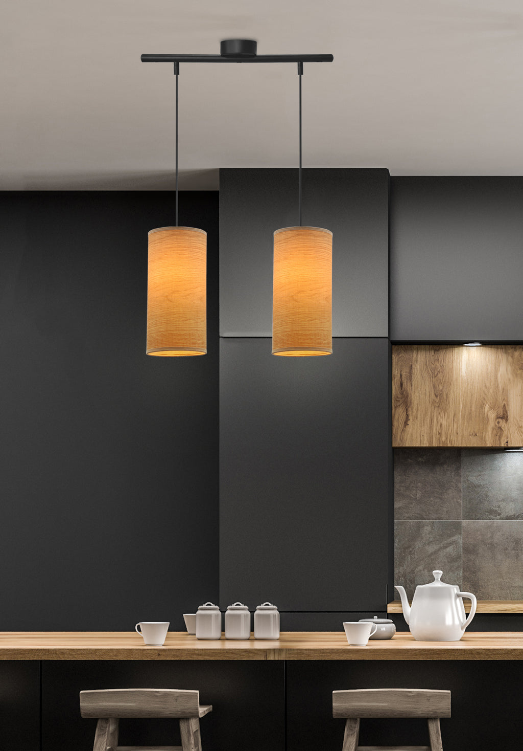 Ballo lampa wisząca czarny 2x60 E27 abażur orzechowy
