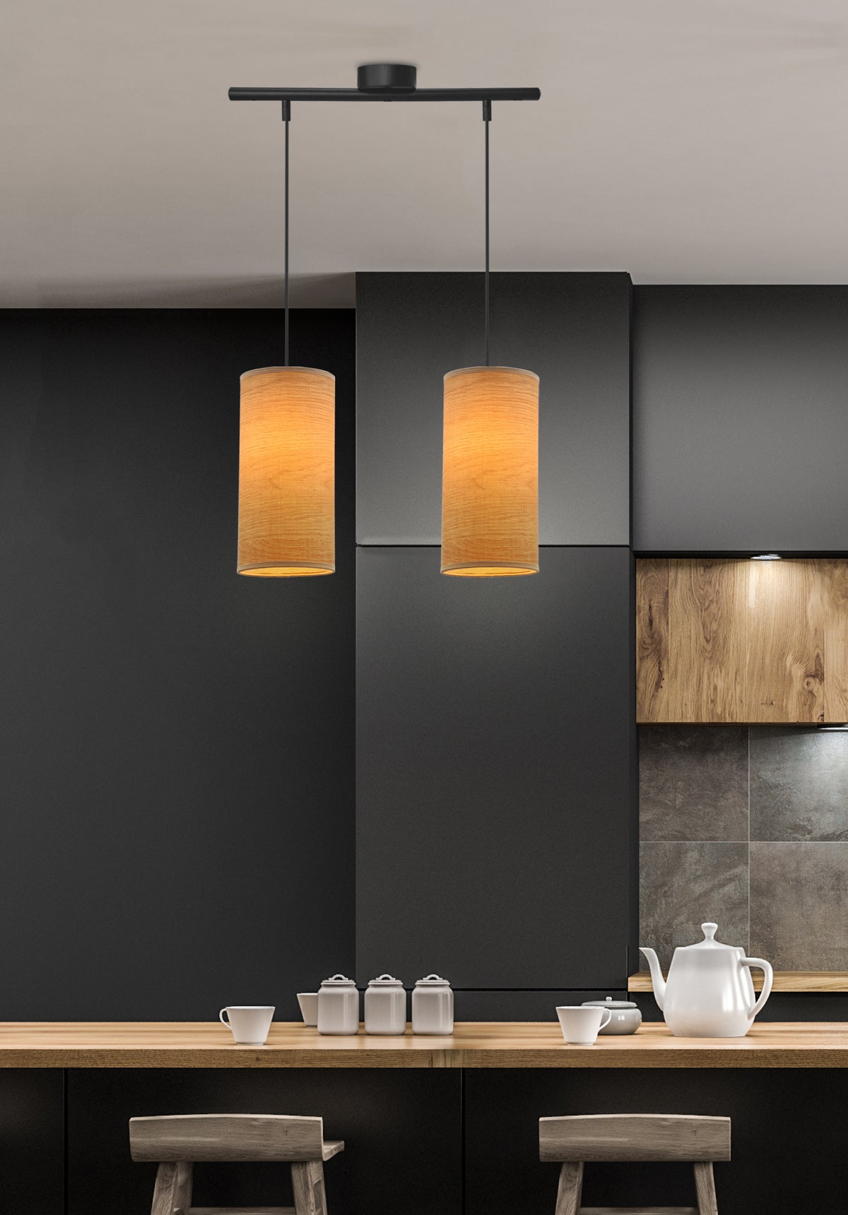 Ballo lampa wisząca czarny 2x60 E27 abażur orzechowy