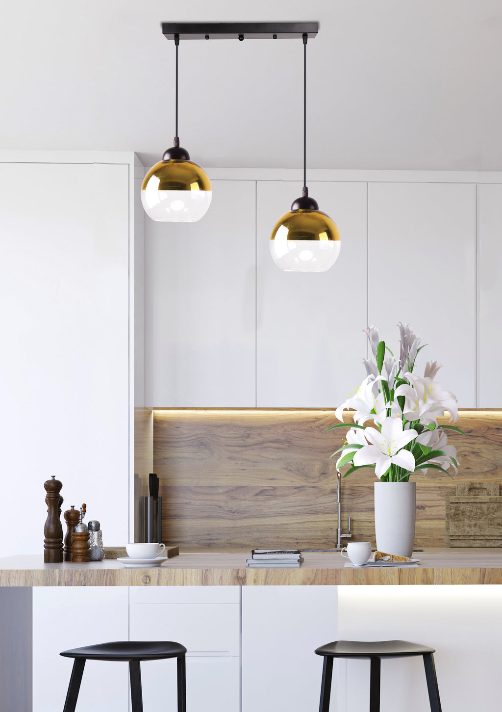 CONTESSA lampa wisząca czarny 2x40 E27 klosz złoty