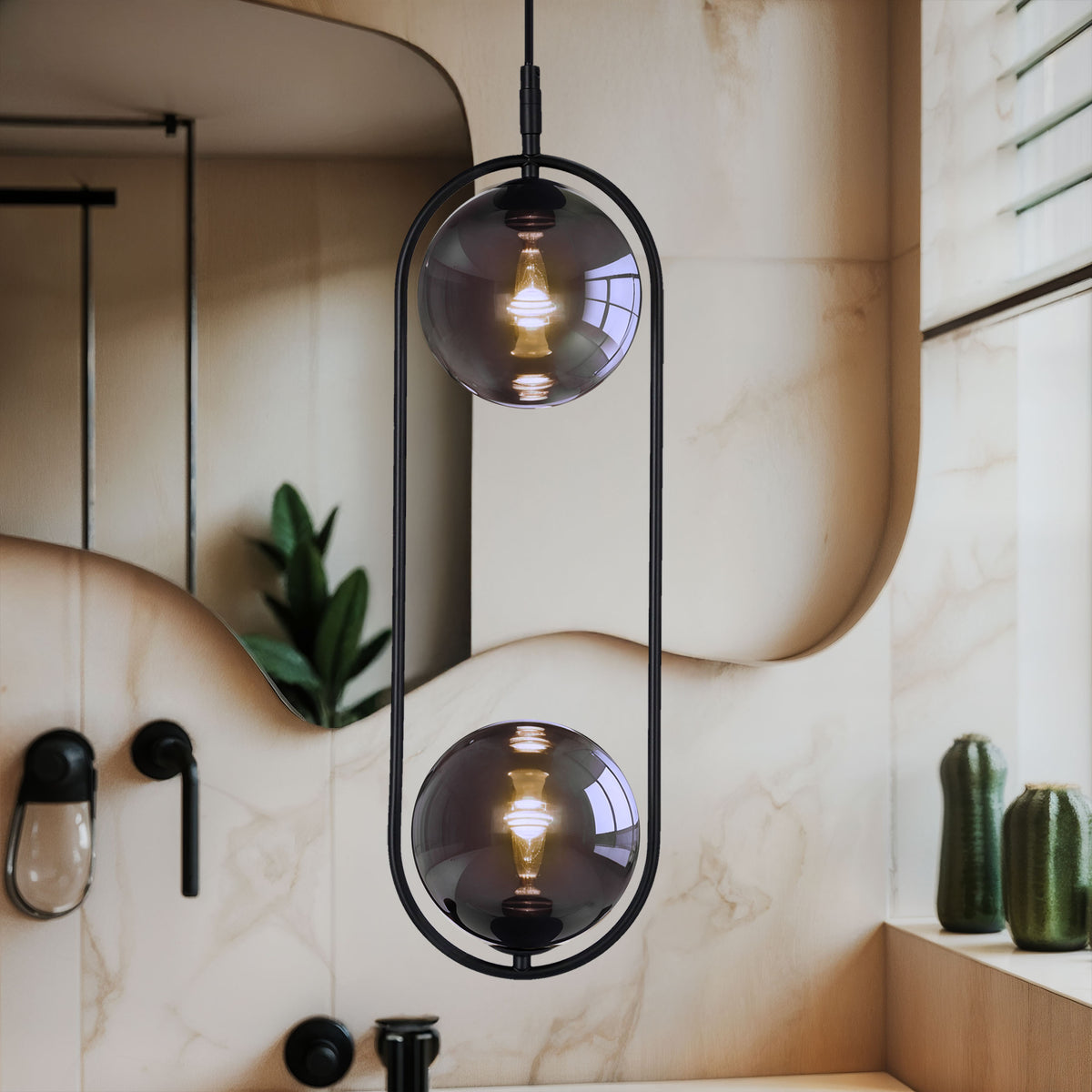 Lampa wisząca CORDEL elegancka - czarna z grafitowymi kloszami kulkami - minimalistyczne oświetlenie salonu 2x G9 LED