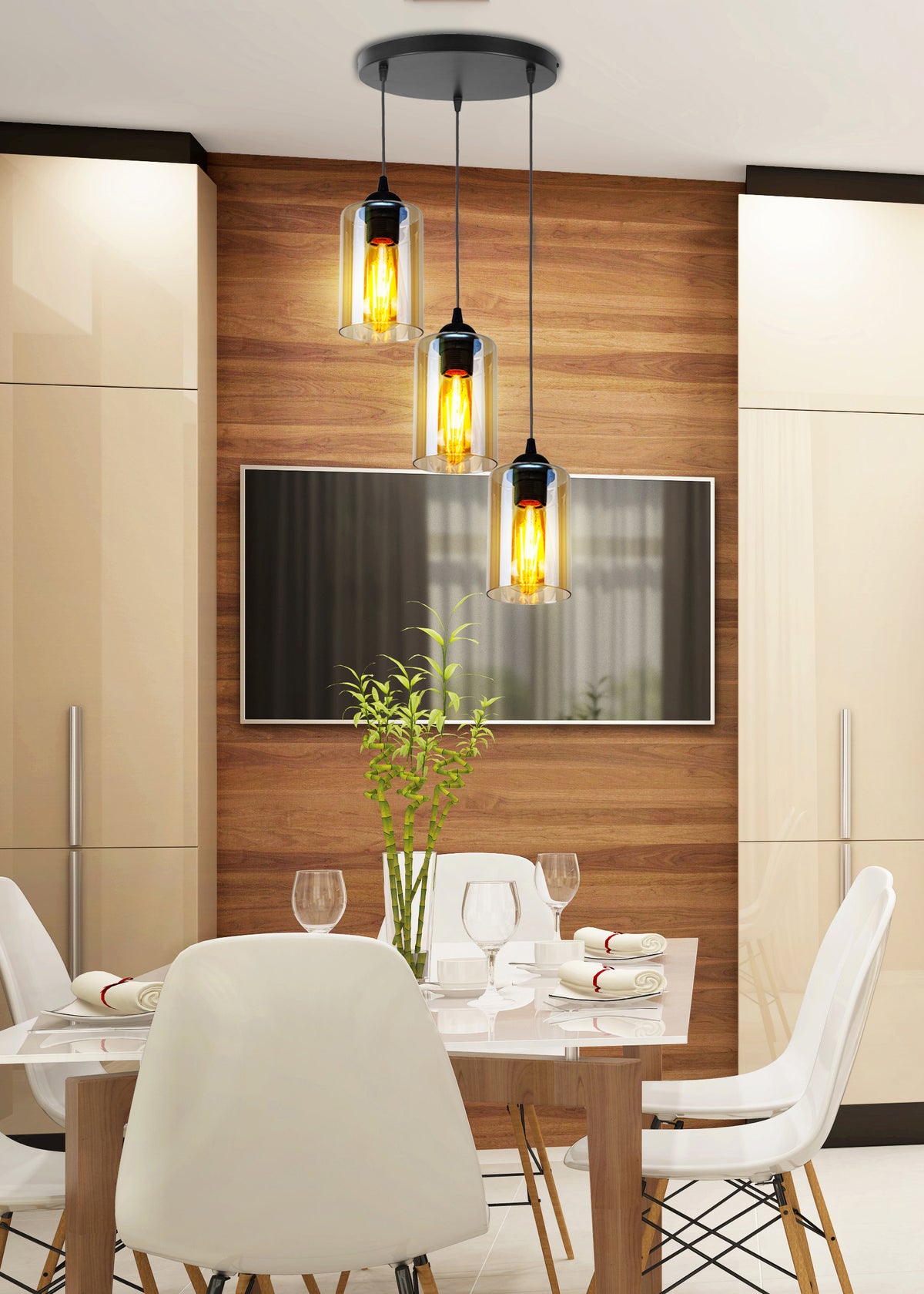 Bistro lampa wisząca czarny talerz 3x40W E27 klosz brązowy