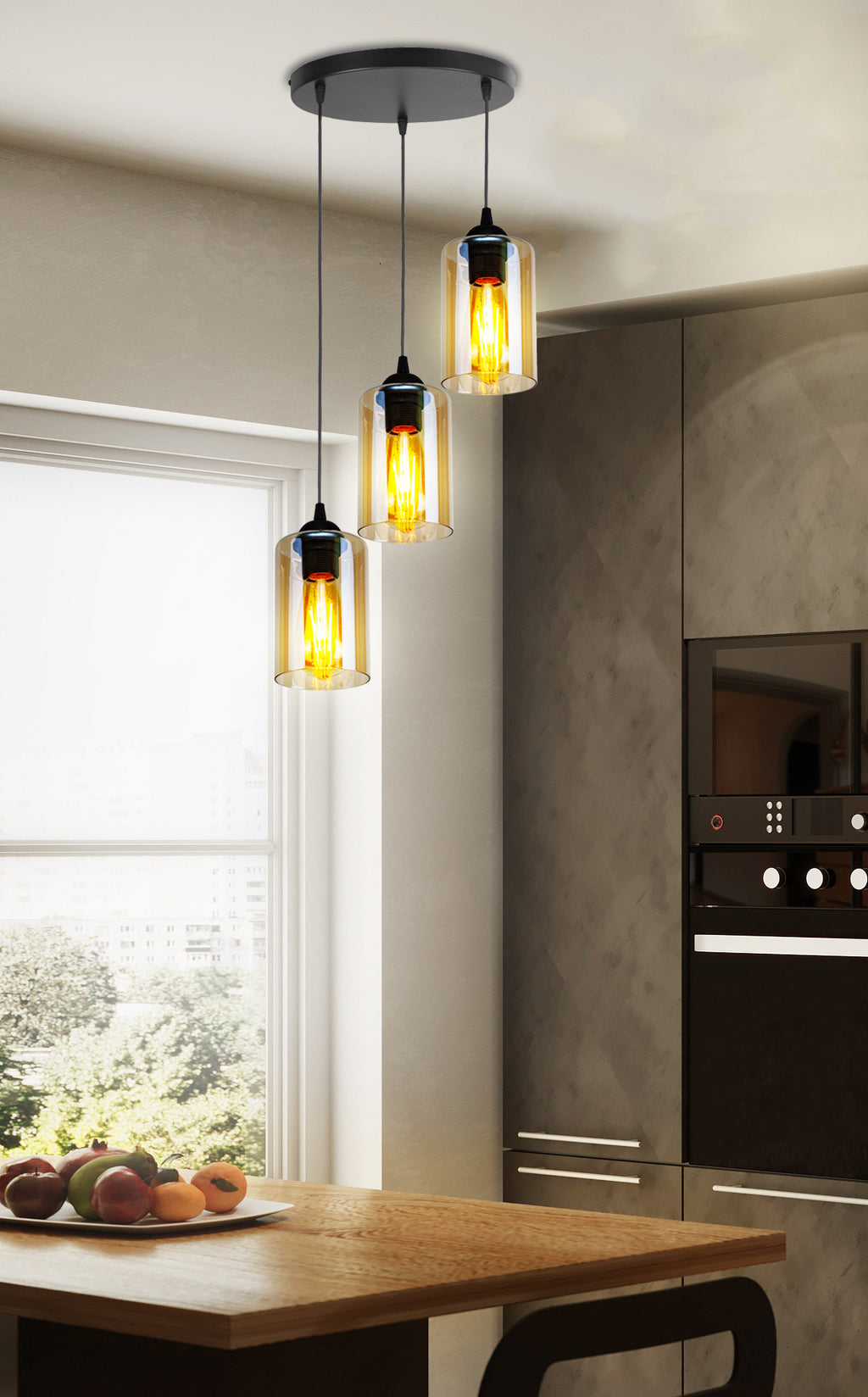 Bistro lampa wisząca czarny talerz 3x40W E27 klosz brązowy