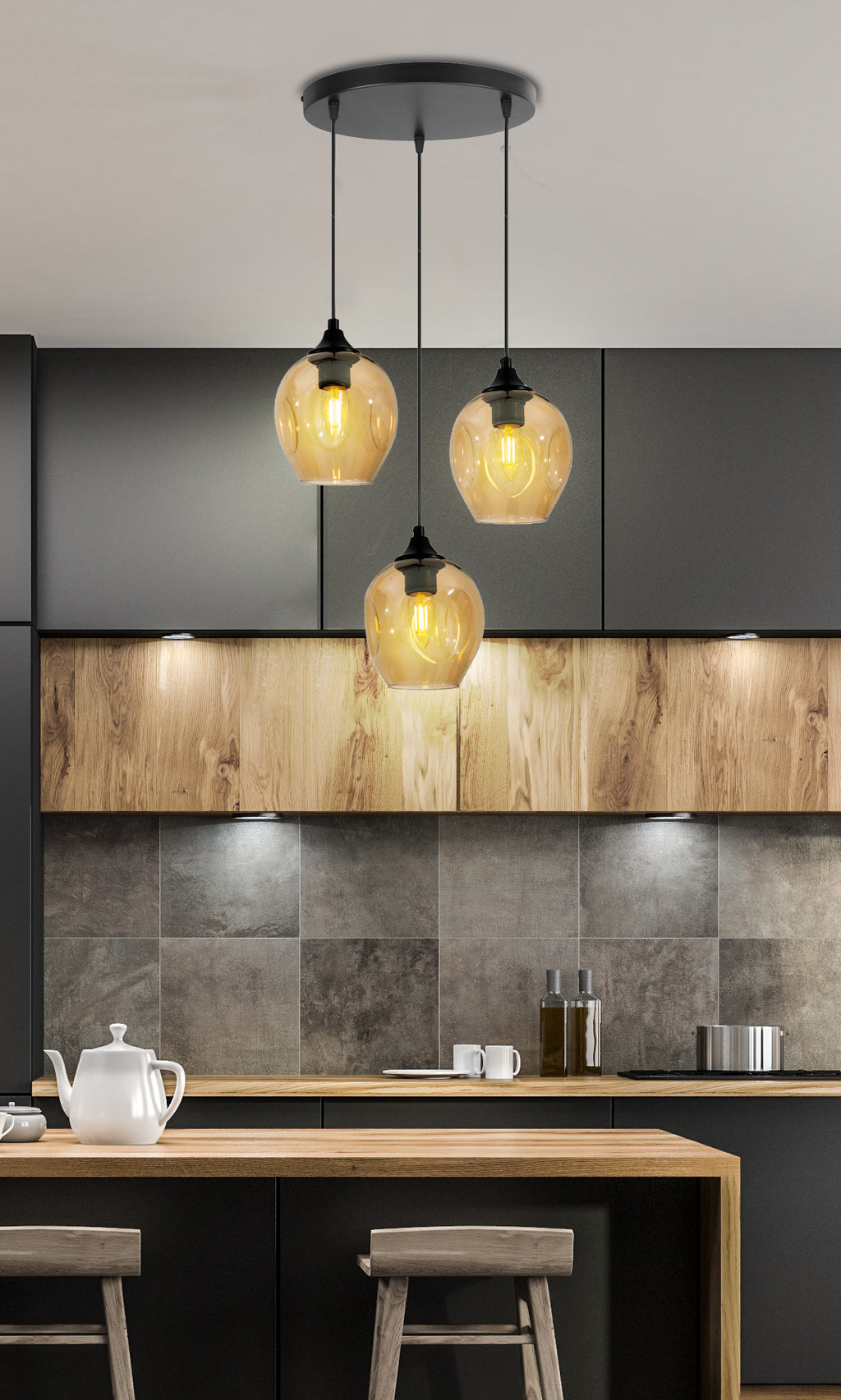 Aspa lampa wisząca czarny talerz 3x40W E27 klosz brązowy