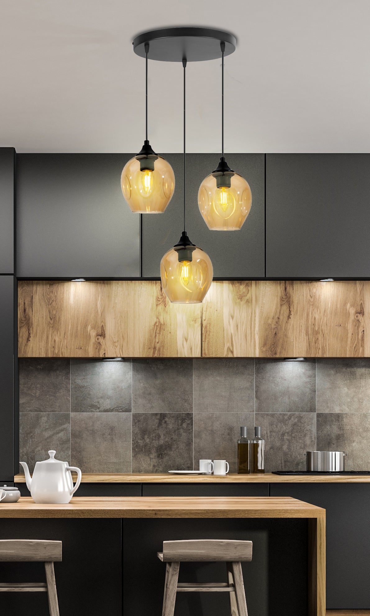 Aspa lampa wisząca czarny talerz 3x40W E27 klosz brązowy