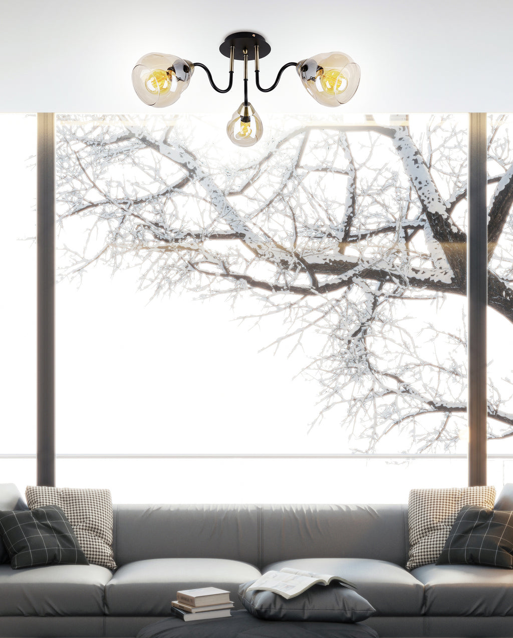 Unica lampa sufitowa czarny+złoty 3x40W E27 klosz dymiony