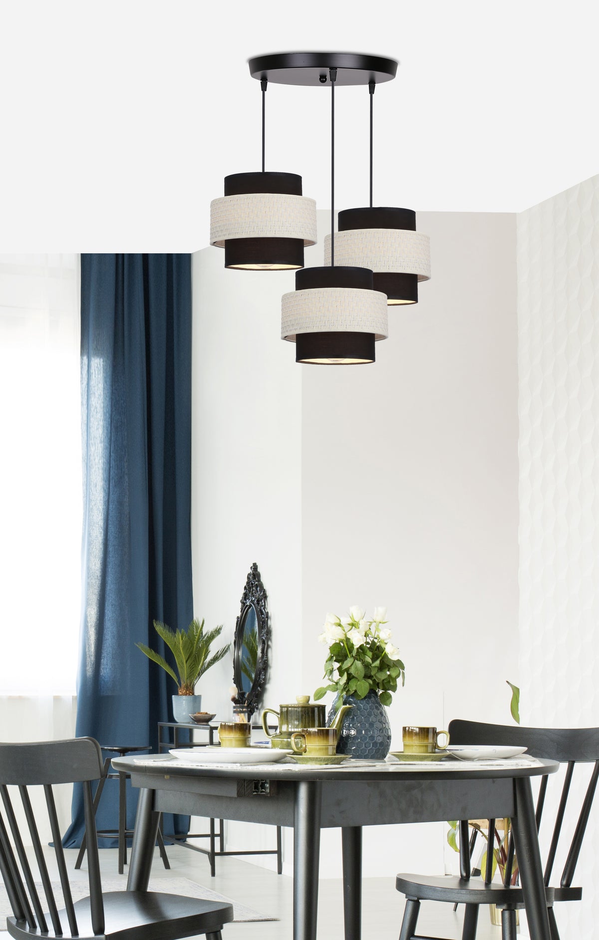 Benta lampa wisząca czarny talerz 3x40W E27 abażur czarny+kremowy