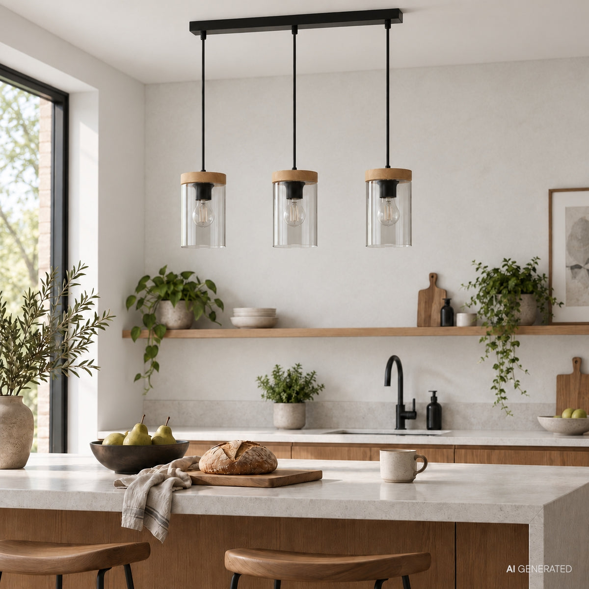 WELS lampa wisząca czarny+drewniany 3x40 E27 klosz dymiony