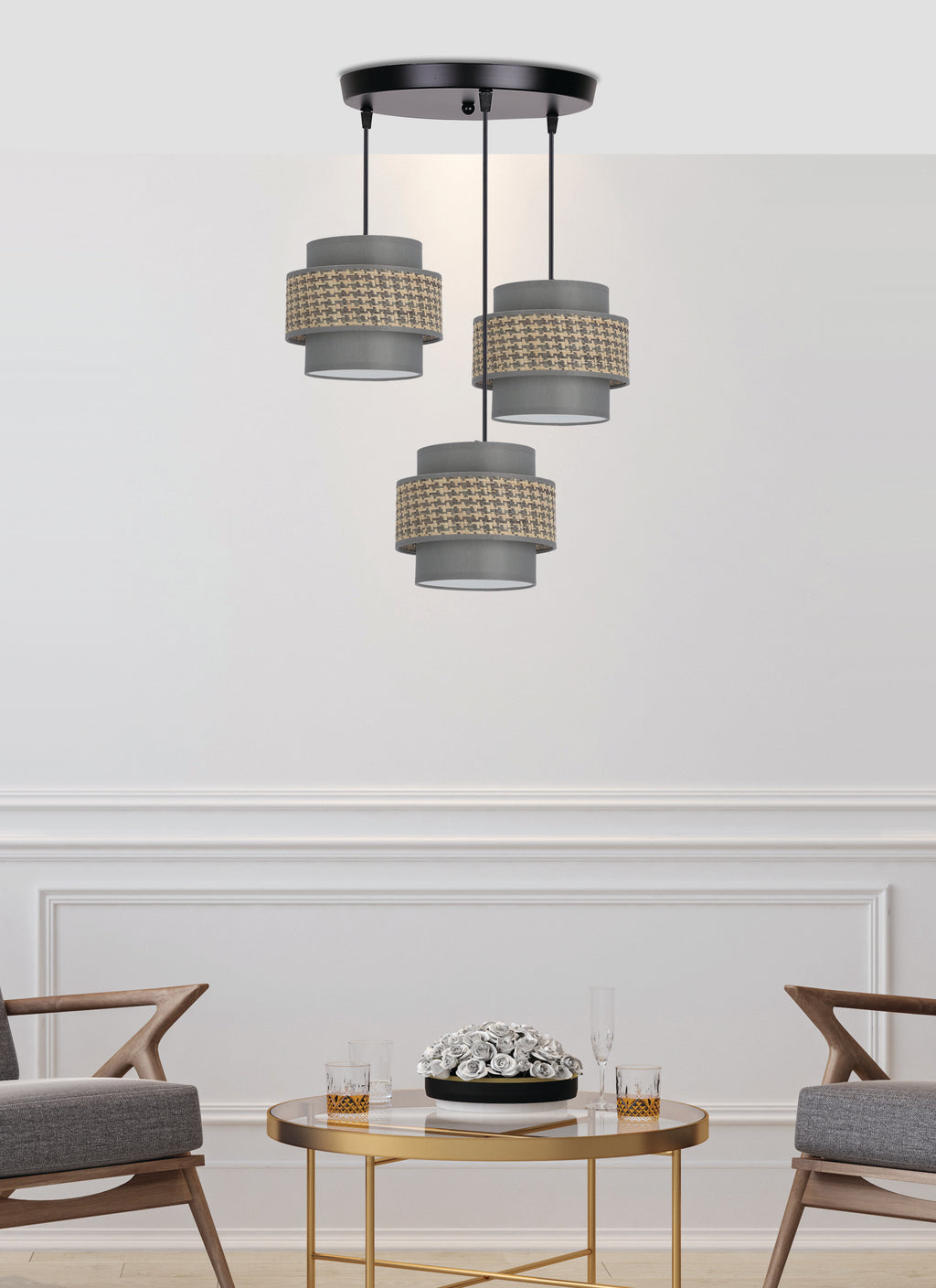 LUCCIA lampa wisząca czarny talerz 3x40W E27 abażur beżowy+grafitowy