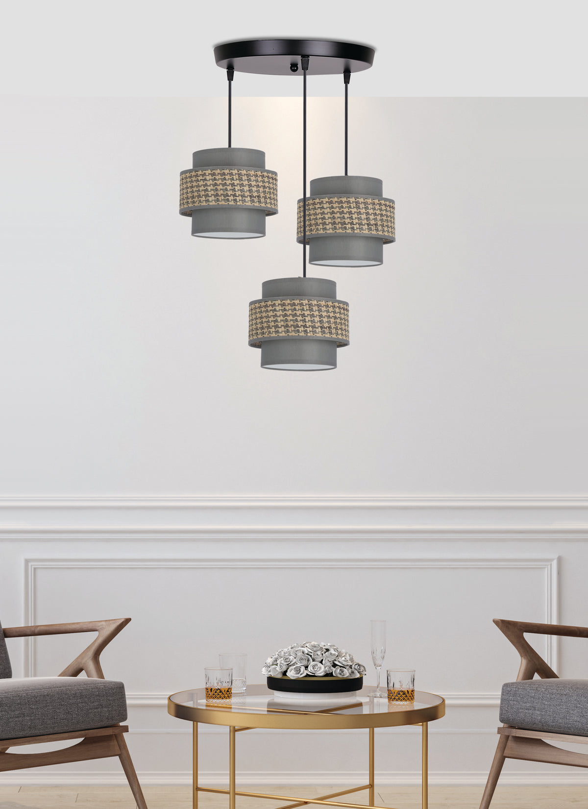 LUCCIA lampa wisząca czarny talerz 3x40W E27 abażur beżowy+grafitowy