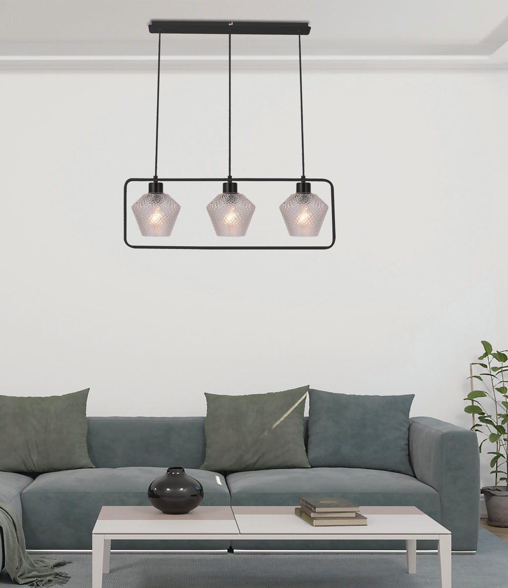NIKO lampa wisząca czarny 3x40W E27 klosz bezbarwny karbowany