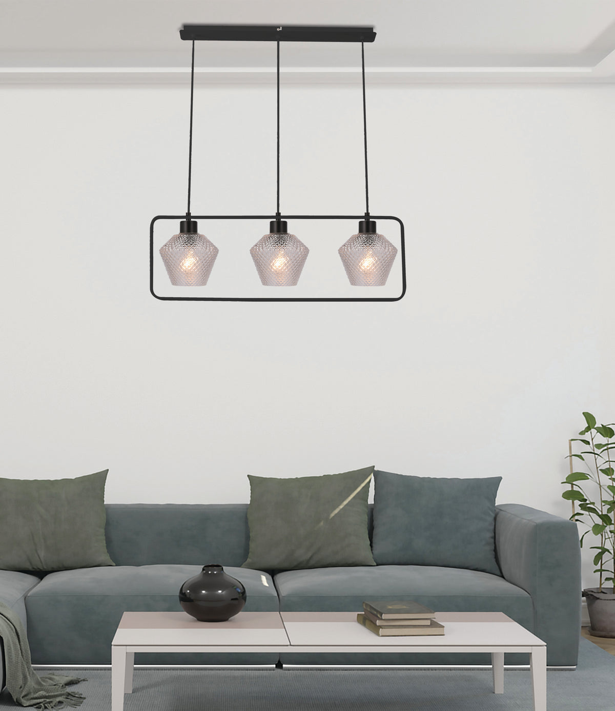 NIKO lampa wisząca czarny 3x40W E27 klosz bezbarwny karbowany