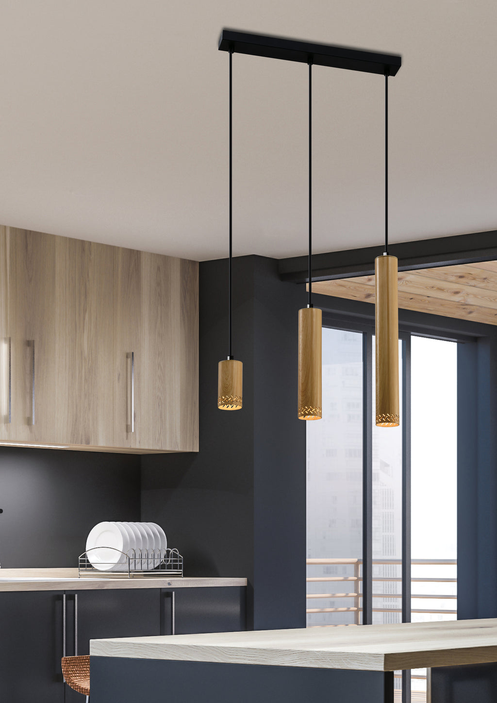 Tubo lampa wisząca czarny 3x25W GU10 klosz mix drewniany