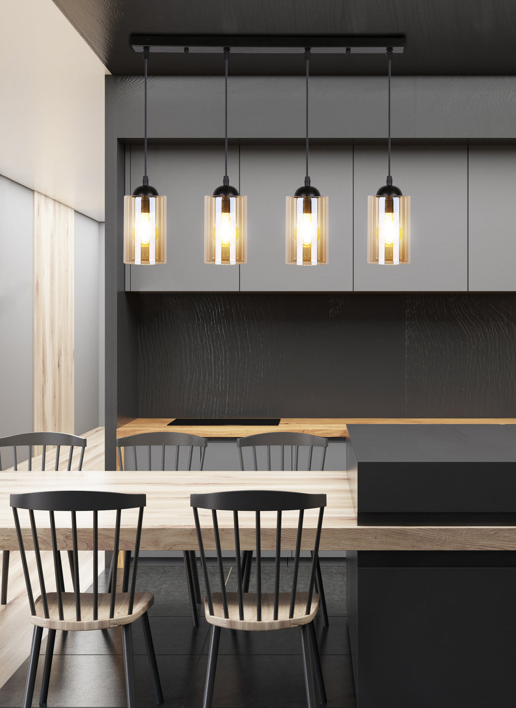 Bistro lampa wisząca czarny 4x40W E27 klosz brązowy